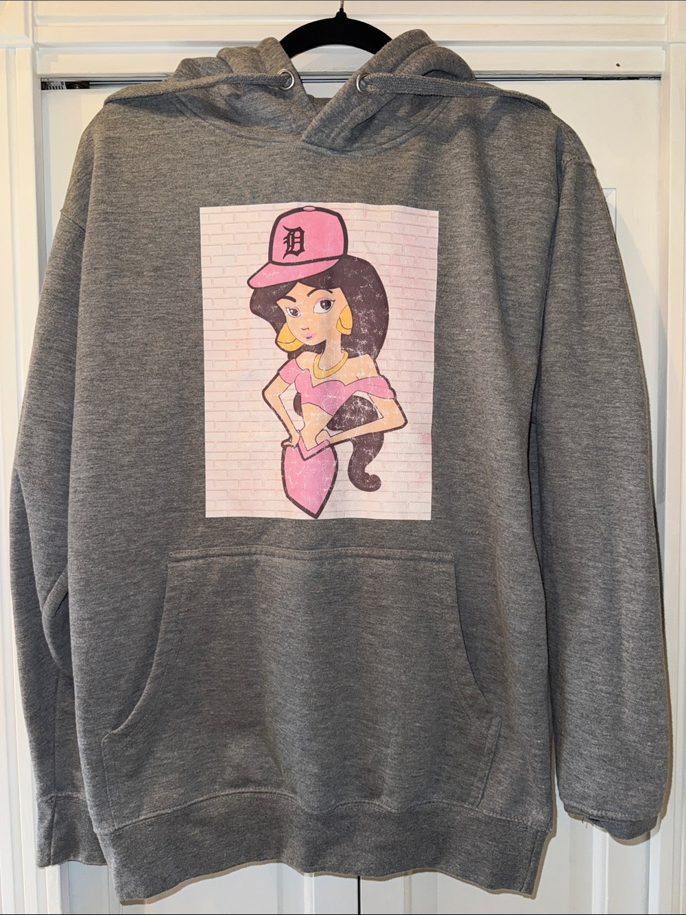 Gray Hoodie with Pink Cartoon Graphic